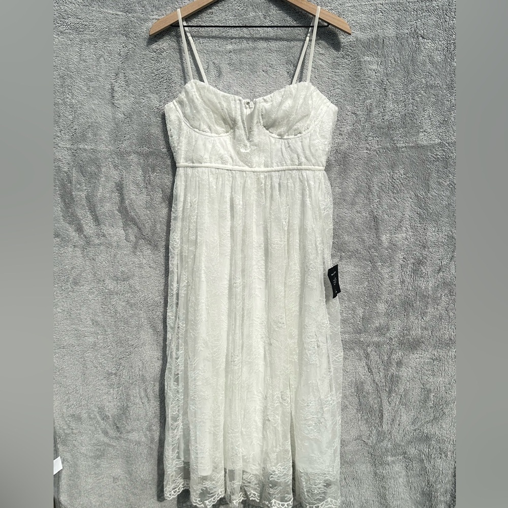Lulus White Lace Bustier Midi Dress NWT Bridal Shower Midi Wedding Homecoming